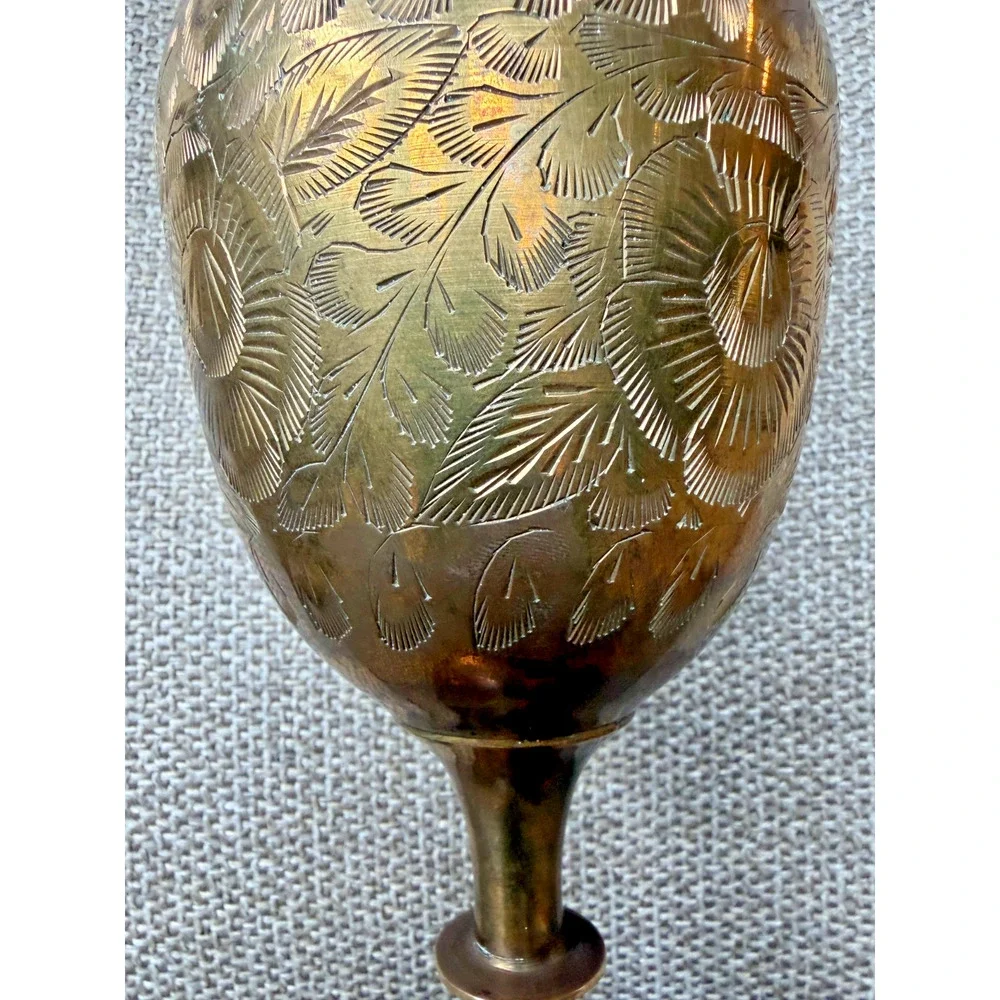 Vintage Saudi Arabia Brass Vase Hand Engraved Palm Tree Crossed Swords 12
